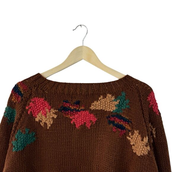 Vintage Handknit X-Large Sweater Cardigan Leaves Fall Dark Brown Womens READ - Picture 12 of 16